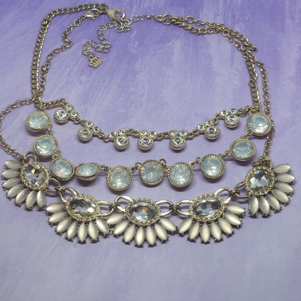 Layered Rhinestone Triple Chain Statement Necklace Gold Tone - Picture 2 of 8